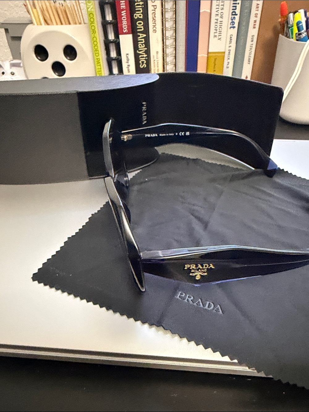 Prada Dark Blue Sunglasses with Gold Logo Accent - Picture 2 of 12